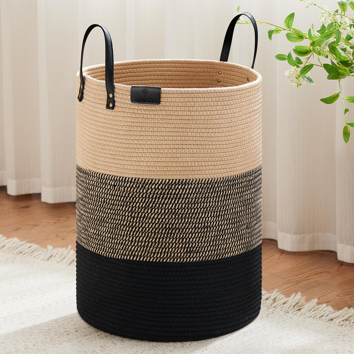 VIPOSCO 72L Tall Woven Rope Laundry Hamper, Leather Handles, White & Brown