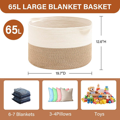 Foldable Laundry Hamper Basket with Collapsible Handle Cotton Rope Soft Woven Fabric Storage Organizer Clothes Toys Nursery Bedroom Dorm Space Saving Bin (White & Brown, 65L(19.7"D x 12.6"H))