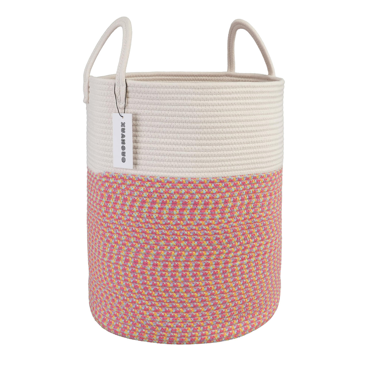 XUANGUO Cotton Rope Laundry Basket Hamper for Girls Kids Baby Nursery Pink