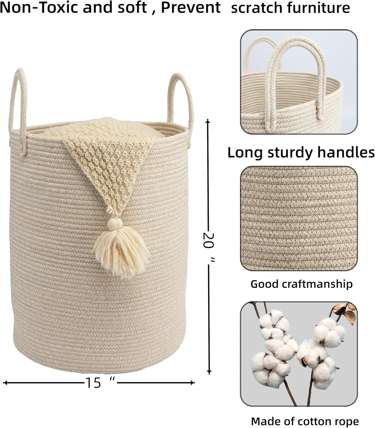 Woven Cotton Rope Laundry Basket, 15" x 20" Laundry Hamper, Oatmeal