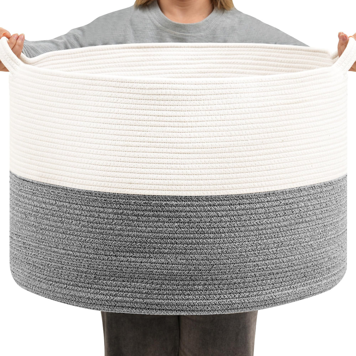 Foldable Laundry Hamper Basket with Collapsible Handle Cotton Rope Soft Woven Fabric Storage Organizer Clothes Toys Nursery Bedroom Dorm Space Saving Bin (White & Brown, 65L(19.7"D x 12.6"H))