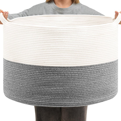 Foldable Laundry Hamper Basket with Collapsible Handle Cotton Rope Soft Woven Fabric Storage Organizer Clothes Toys Nursery Bedroom Dorm Space Saving Bin (White & Brown, 65L(19.7"D x 12.6"H))