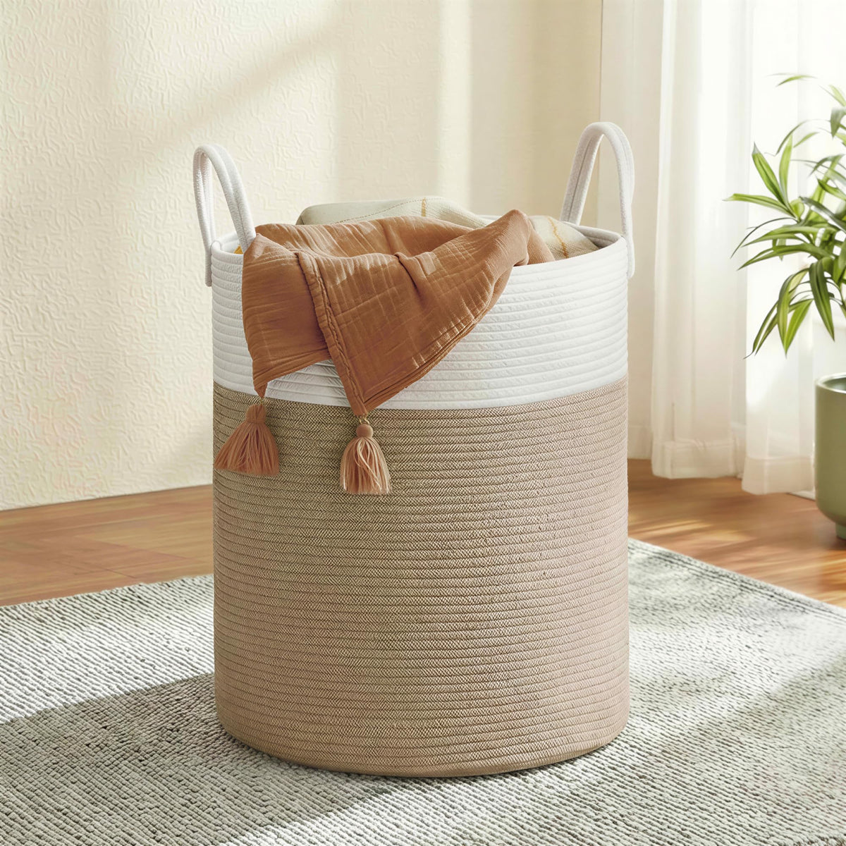 SONGMICS Laundry Hamper, Cotton Rope Basket with Handles, 15.8 Gallons
