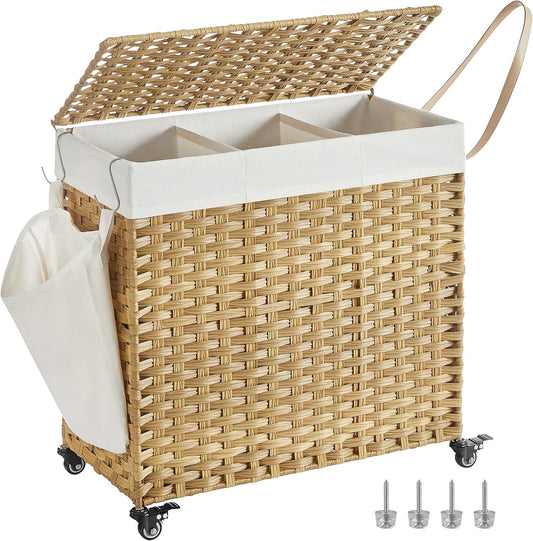 SONGMICS Rolling Laundry Hamper with Lid, 140 L Synthetic Rattan