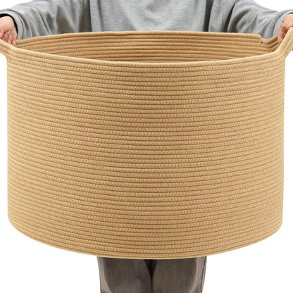 Foldable Laundry Hamper Basket with Collapsible Handle Cotton Rope Soft Woven Fabric Storage Organizer Clothes Toys Nursery Bedroom Dorm Space Saving Bin (White & Brown, 65L(19.7"D x 12.6"H))