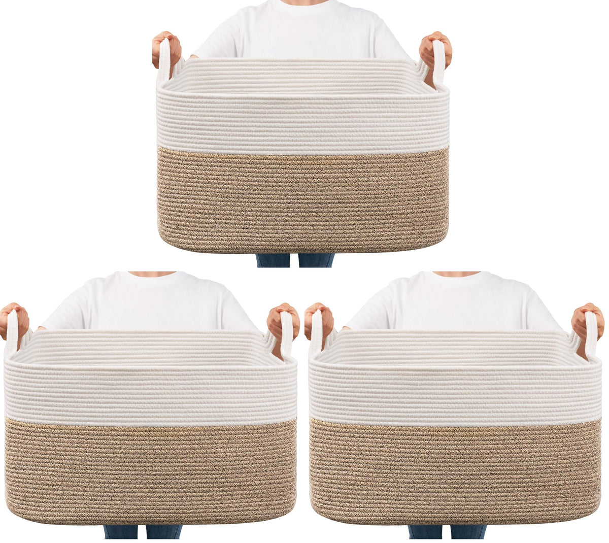 Goodpick Large Woven Rope Blanket Basket, Rectangle, Black, 75L