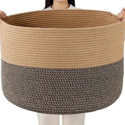 Foldable Laundry Hamper Basket with Collapsible Handle Cotton Rope Soft Woven Fabric Storage Organizer Clothes Toys Nursery Bedroom Dorm Space Saving Bin (White & Brown, 65L(19.7"D x 12.6"H))